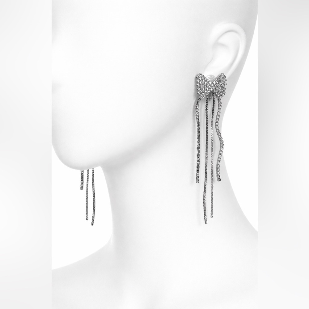 Vintage Style Chic Silver Bow Rhinestone Dangle Clip Earrings Glam Fairy